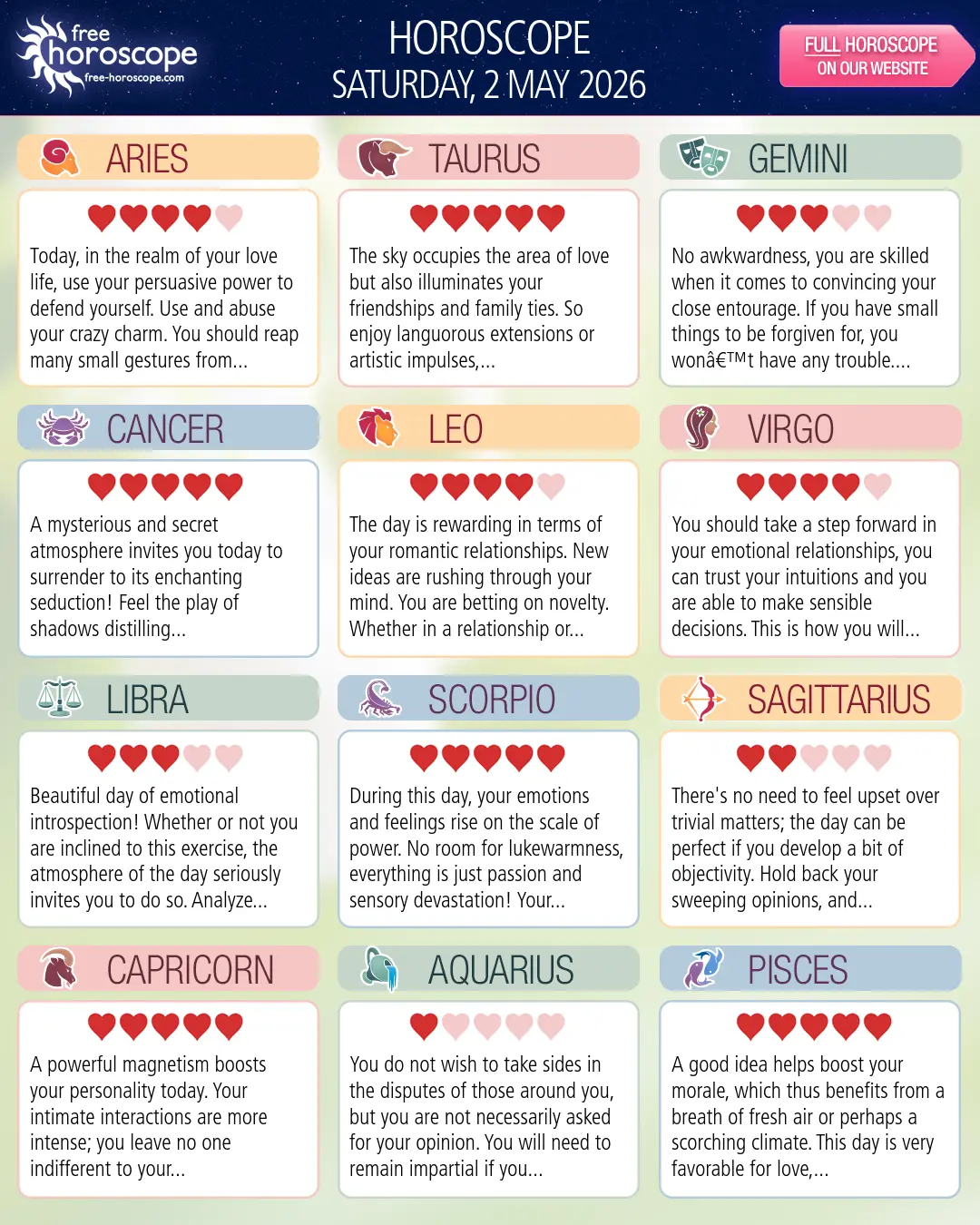 Horoscope for Saturday, May 2, 2026